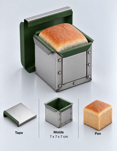 MOLDE TEFLONADO INDIVIDUAL CON TAPA PARA PAN DE MOLDE  7x7x7 cm