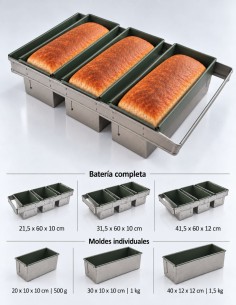 Batería de 3 moldes con tapa para pan de molde 2